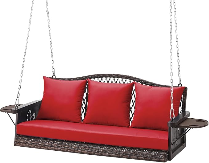 Upgraded Wicker Hanging Porch Swing Heavy Duty 900 LBS 3-Seat Outdoor Patio Swing Chair Bench for Adult w/ 8.9ft Hanging Chains Cushions and Cup Holder