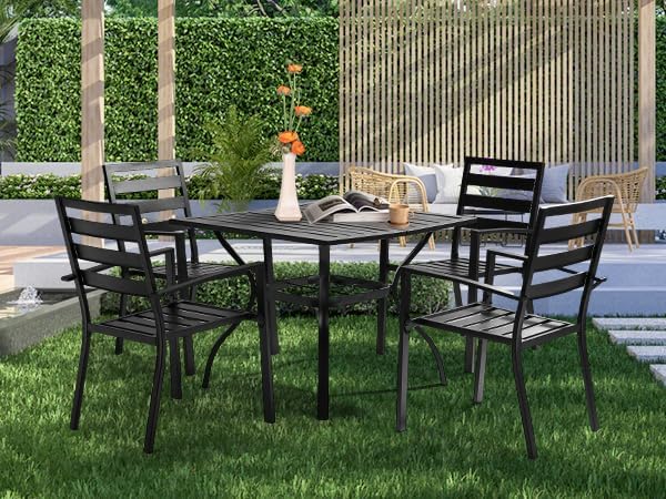 VINGLI Outdoor Dining Chairs Set of 4, Metal Frame Patio Chairs with Armrests, Patio Dining Chairs Garden Chairs for Yard, Front Porch and Deck, Black