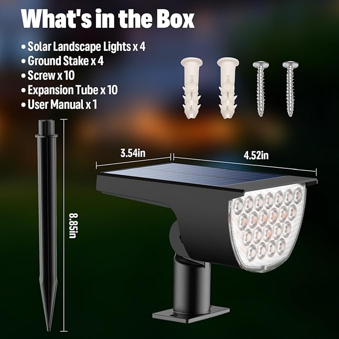 Solar Lights Outdoor Waterproof IP65, Solar Powered 76 LED 3 Lighting Modes Solar Spot Lights Outdoor for Yard Garden Landscape Pathway (Warm White, 4 Pack)