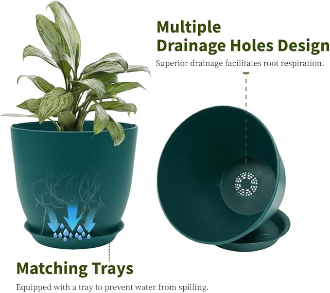 Plant Pots 8 Inch Set of 6, Flower Pots with Drainage Holes and Saucer, Plastic Garden Planters for Indoor & Outdoor Plants (Deep Green)