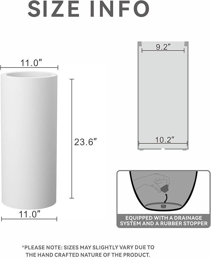 Kante 23.6 Inch Tall Cylindrical Planter, Large Round Plant Pots with Drainage Hole, Made with Concrete, Suitable for Indoor Outdoor Plants, Home Decor, White