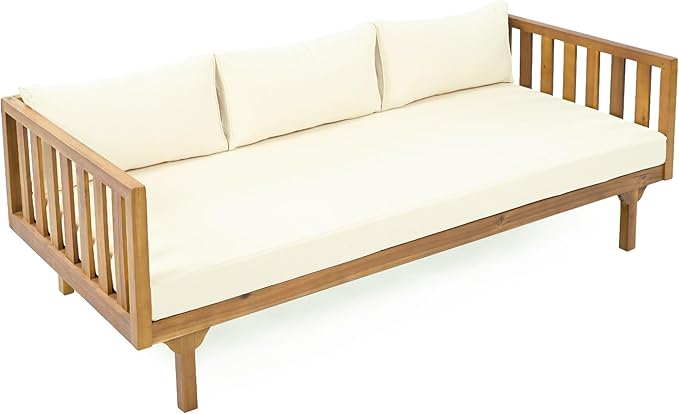 Merax Outdoor 3 Seater Daybed, Acacia Wood Day Bed Couch Sofa with Cushions for Patio Backyard, Garden, Beige