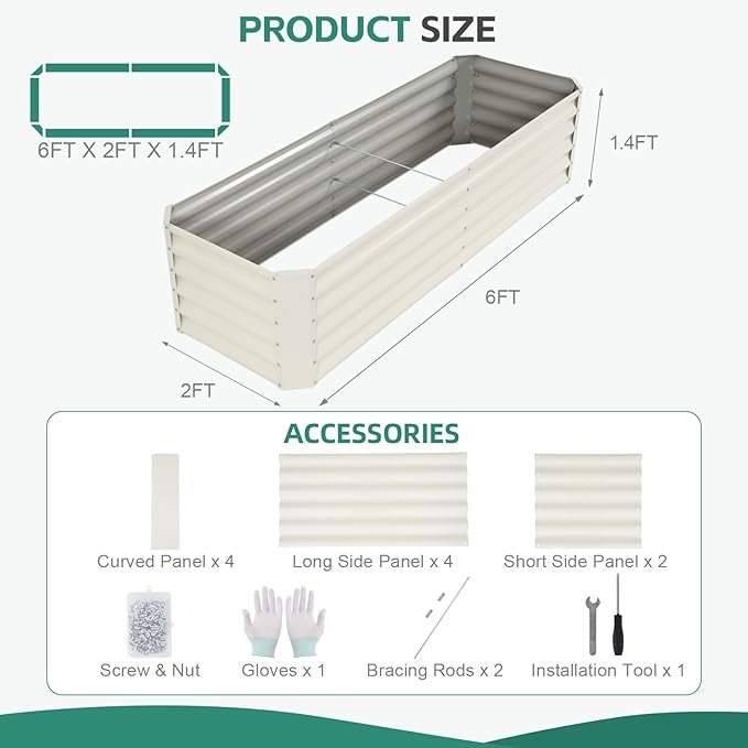 Galvanized Raised Garden Bed - 6x2x1.4ft Metal Garden Planter Box Outdoor | Steel Raised Bed Kit with Bracing Rods, Gloves for Gardening Vegetables Fruits and Flowers (White)