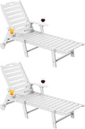 Carauci Lounge Chair Outdoor Set of 2, HDPE Chaise Lounge with Wheels, 5-Position Adjustable Backrest & 2 Cup Holders Patio Lounge Chair, All-Weather Pool Sun Lounger for Poolside, Backyard, White