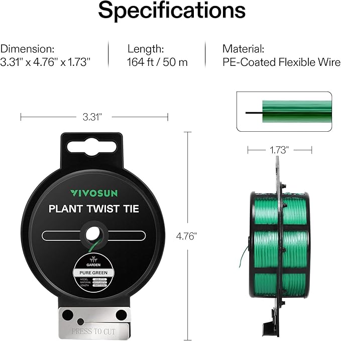 VIVOSUN Twist Ties, 164 ft (50m) PE-Coated Green Plant Ties with Cutter, Reusable & Flexible Tomate Ties for Plant Support, Indoor Outdoor Gardening, Cable Management, Home Office Organization