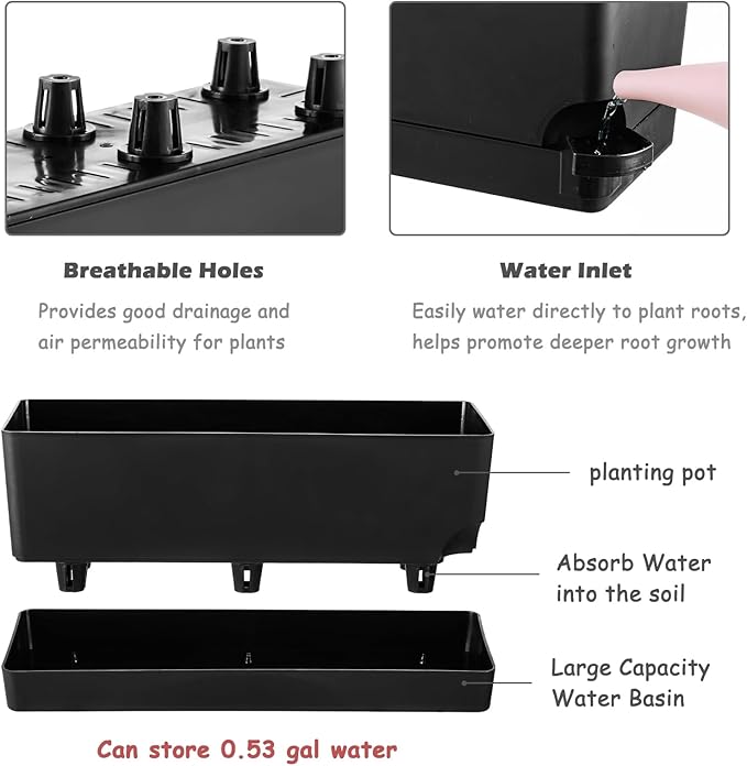 Self Watering Pots for Indoor Plants 17 Inches Window Boxes Planters Rectangular Flower Pots Rectangle Herb Pots Large Plant Pots with Drainage Holes and Saucers Windowsill Planter (4, Black)