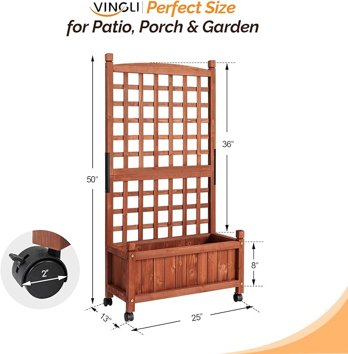 VINGLI Wooden Planter with Trellis, 50" Height Elevated Garden Beds Outdoor with Wheels, FreeStanding Planter Box with Drainage Holes for Flower, Vegetable, Fruit, Herb in Garden, Patio, Balcony (1)