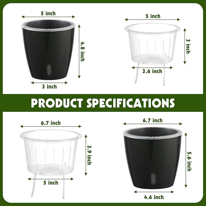 Self-Watering Pots for Indoor Plants, 6-Pack 6.7'' Self Watering Planter with Drainage Holes, Small African Violet Pots with Water Indicator, Clear Wick Pot, Black