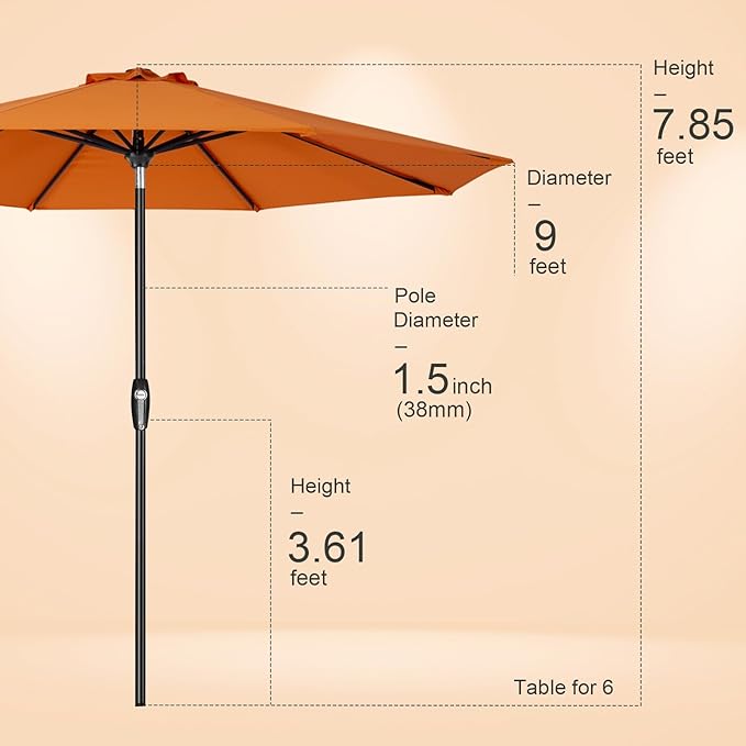 Tempera Patio Market Outdoor Table Umbrella with Auto Tilt and Crank, Large Sun Umbrella with Sturdy Pole & Fade Resistant Canopy, Easy to Set