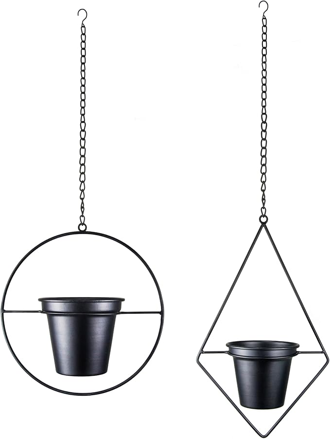 Metal Hanging Planters, Modern Plant Hanger with 5 inch Flower Pot, Set of 2 Black Plant Holder in Diamond and Round Shape, Small Wall and Ceiling Planter for Indoor Plants, Home Décor