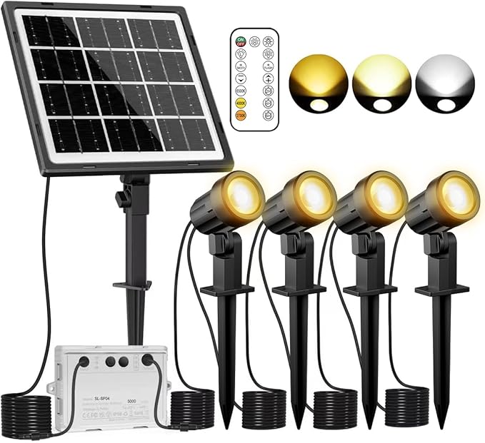 MEIKEE Solar Spot Lights Outdoor, 4-in-1 Solar Landscape Lights, 4W/6V IP66 Waterproof, 2700K/4000K/6500K Outdoor Landscape Spotlights with Remote for Garden Yard Driveway