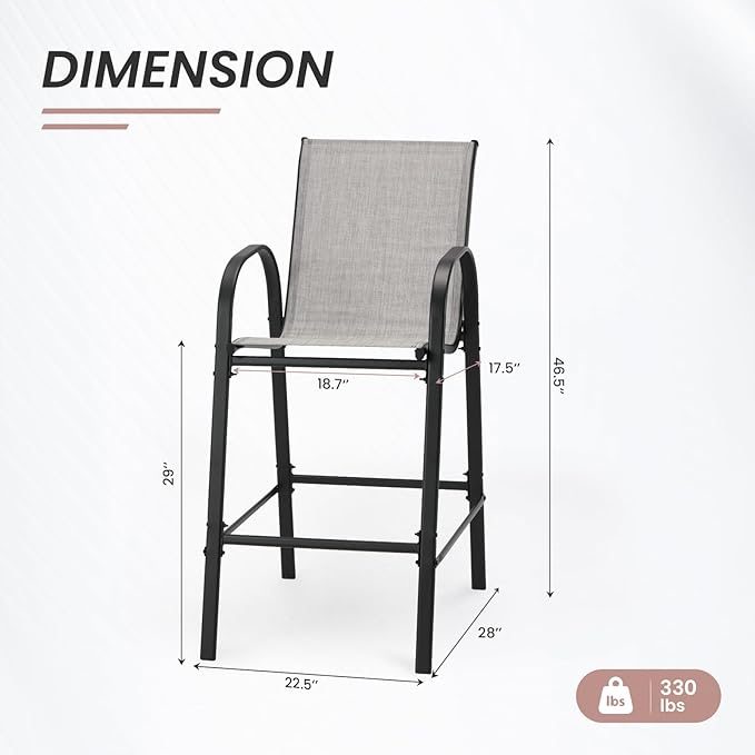 HOMREST Outdoor Bar Height Stools Set of 4,High Back Patio Chairs with Armrests,Textilene Chairs with Breathable Fabric & Metal Frame for All Weather,Light Grey