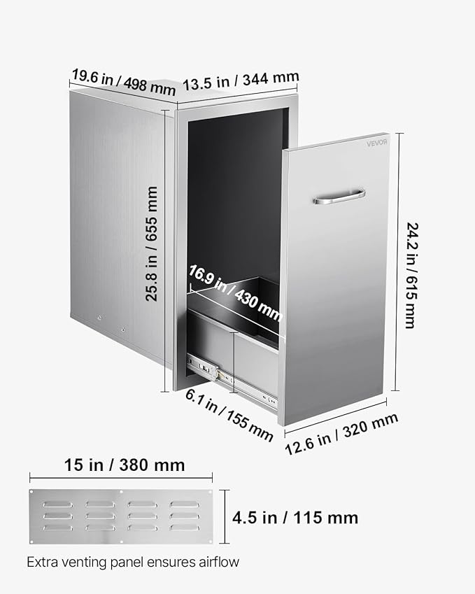 VEVOR Outdoor Kitchen Trash Drawer, 11.81" W x 19.6" D x 23.62" H Interior Storage, Multi-Purpose Outdoor Kitchen Drawers Stainless Steel, 55 lbs Max Capacity per Tier, for Outdoor BBQ Island Kitchen
