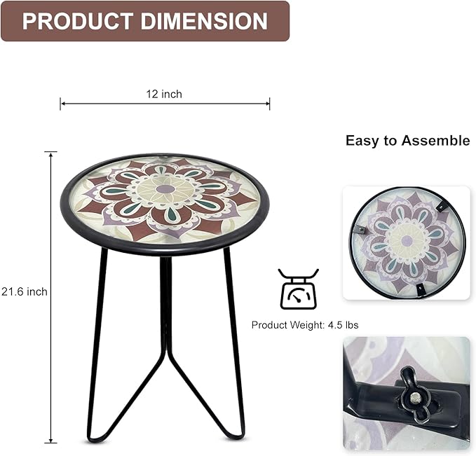 LIFFY Outdoor Side Table, 12" Small Patio Side Table for Outside, Indoor Round Home Decor End Table & Accent Table with Glass Top, Decorative Plant Table Stands for Garden Yard Porch Balcony