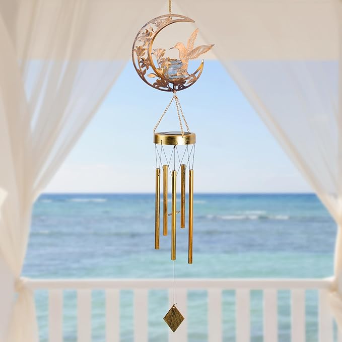 Moon Hummingbird Wind Chime Outdoor, Handcrafted Metal Garden Wind Chimes with Hummingbird Charms, Melodic Wind Bells for Patio Porch Decor, Weatherproof Gift for Nature Lovers & Bird Watchers