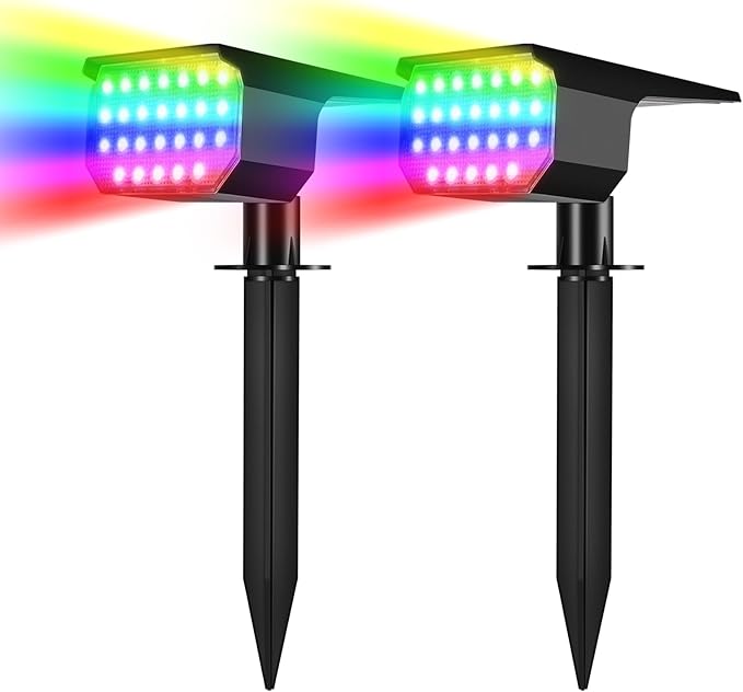 RGB Solar Lights Outdoor Waterproof IP65, 7 Lighting Modes Color Changing 26 LED Solar Spot Lights Outdoor for Yard Garden Pathway Christmas Decor (Multicolor, 2 Pack)