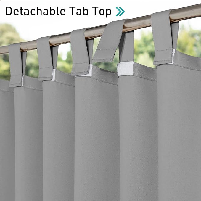 NICETOWN 2 Panels Patio Curtainss Outdoor Waterproof 84 Long, Detachable Sticky Tab Top Heavy Weight Blackout Sunblock Window Treatment, Keep Privacy for Gazebo/Dock, W52 x L84, Silver Grey