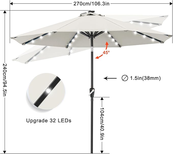 ABCCANOPY Durable Solar Led Patio Umbrellas with 32LED Lights 9FT (Light Beige)