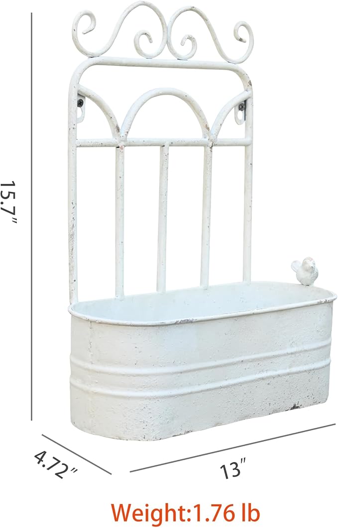 Rustic Metal Wall Planter Vintage Wall Mounted Flower Pot Distressed Wall Hanging Plant Basket Farmhouse Wall Decor for Indoor Outdoor Garden Home Yard (White)