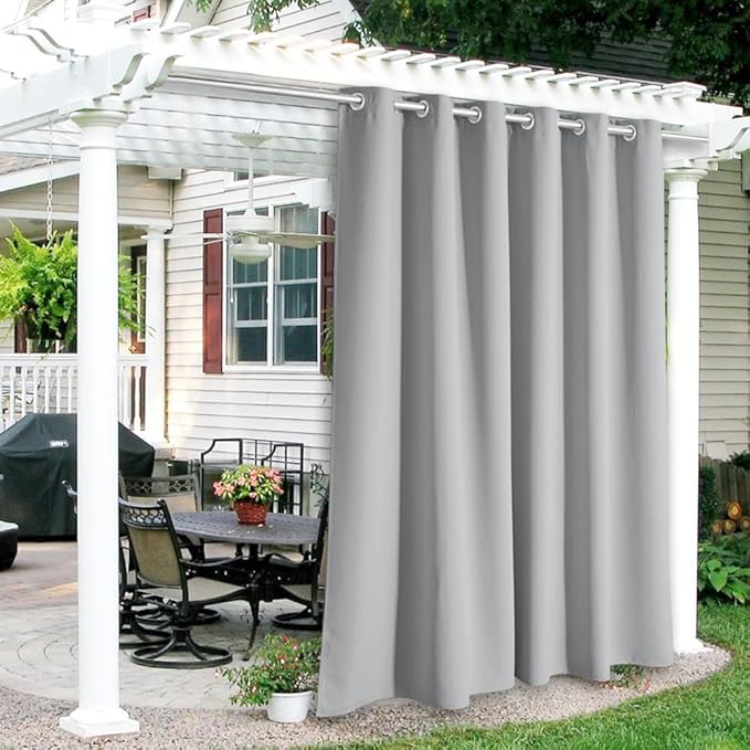 RYB HOME Outdoor Curtains for Patio Waterproof Block Sunlight Thermal Insulated Privacy Assured Thick Outside Curtains for Porch, Gazebo, Pergola, W84" x L95", Light Grey, 1 Panel
