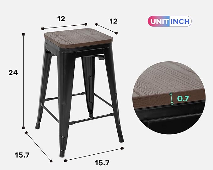 FDW Metal Bar Stools Set of 4 Counter Height Bar Stools 24 Inches Industrial Bar Chairs Patio Stool Stackable Backless Stool Indoor Outdoor Metal Kitchen Stools Bar Chairs (Black with Wood, 24")