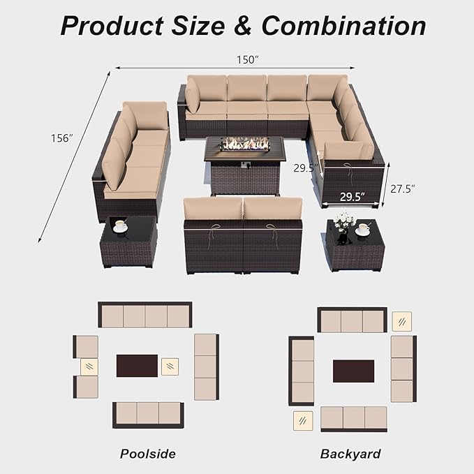 ALAULM Patio Furniture Set with Fire Pit Table 55000 BTU, Outdoor Sectional with Wide Seat and Thick Cushion, 15 Piece Wicker Rattan Conversation Set with Coffee Table for Garden, Deck, Sand