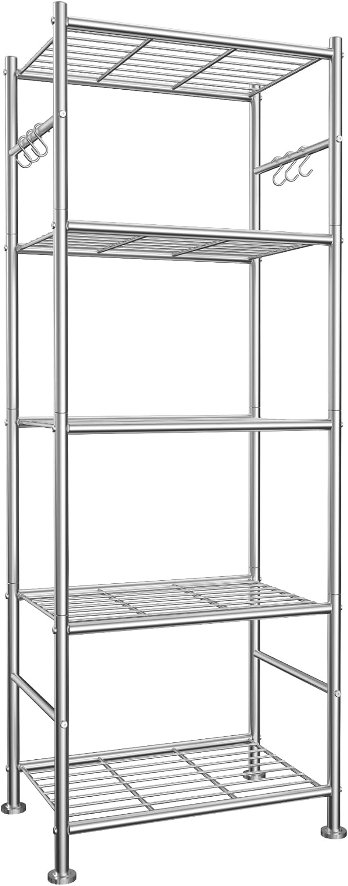 Storage Shelves - 5-Tier Large Capacity Shelf Organizer with Hooks, Heavy-Duty Garage Shelving with Leveling Feet, Wobble-Free Rack for Bedroom, Balcony, Garage, 18.1"×12.4"×56.8", Silver