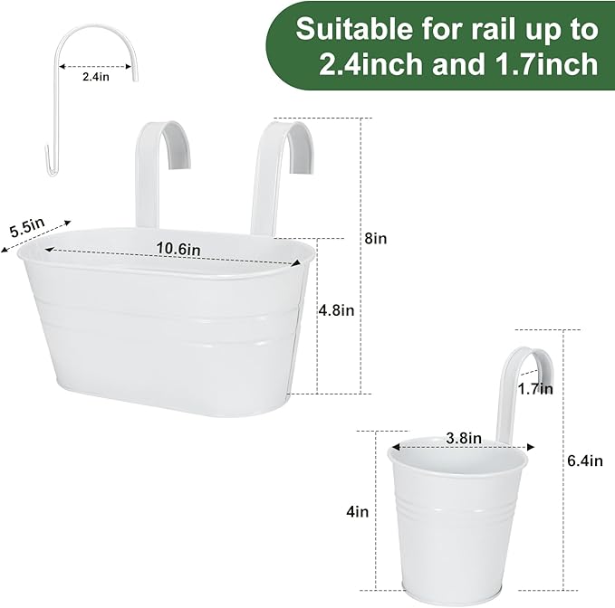 HowRU Metal Iron Flower Pots for Railing Fence Hanging Bucket Pots(5 Pcs) and Hanging Flower Pots Metal Iron Bucket Planter(10 Pcs) (White)