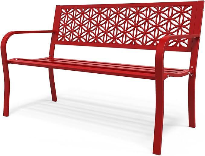 VINGLI 50" Outdoor Bench Metal with Floral Back, Garden Bench Front Porch Bench for Yard Patio Entryway Park Outside, 800lb Capacity - Red
