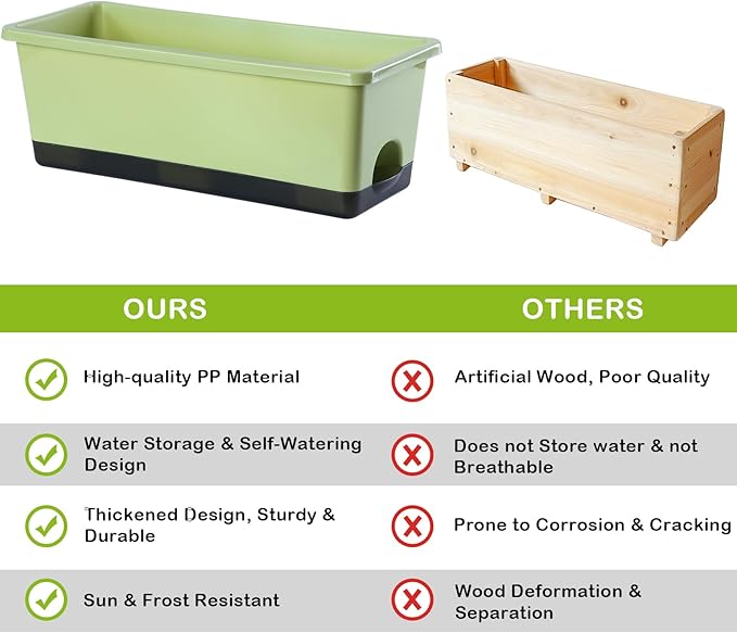 Window Box Planter 8 Pcs, 17 Inches Rectangle Flower Pots with Drainage Holes & Trays, Vegetable Planters for Windowsill Patio Garden Balcony Home Indoor Outdoor (Light Green, 16 * 7 * 6 inch)