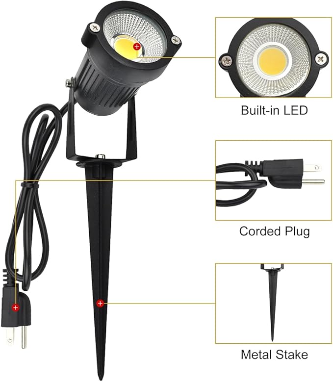 GSS6005 Plug in Spotlight Outdoor, 5W LED Landscape Spotlight 120V, 3000K Warm White, Metal Construction with Ground Stake, 3ft Cord and Plug, Black