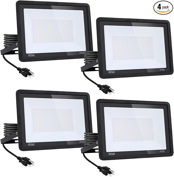 4Pack-60W LED Flood Light Outdoor,6600lm LED Work Light with 6FT US Plug,IP66 Waterproof Exterior Security Lights,6000K Daylight White Outside Floodlights Slim design for Playground Yard Stadium