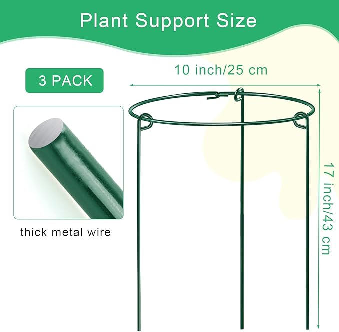 HiGift 3 Pack Peony Cages Support Stakes Ring for Garden, Round Plant Support for Outdoor (10" W x 17" H), Indoor Plant Cages Hoops Plant Rings for Tomatoes,Rose,Astilbes,Vine Indoor Potted Plants