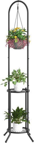 BMOSU Plant Stand with Hooks Indoor Outdoor Corner Tall Plant Stand Heavy-Duty Metal 3-Tier Plant Shelf Holder Rack for Patio Garden Balcony Living Room Bedroom(circular Black)