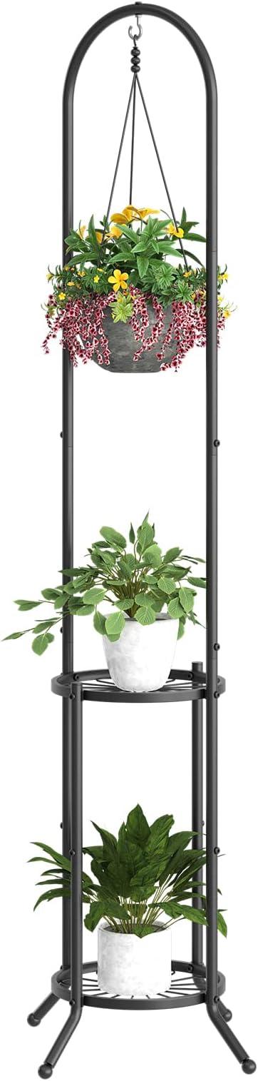 BMOSU Plant Stand with Hooks Indoor Outdoor Corner Tall Plant Stand Heavy-Duty Metal 3-Tier Plant Shelf Holder Rack for Patio Garden Balcony Living Room Bedroom(circular Black)