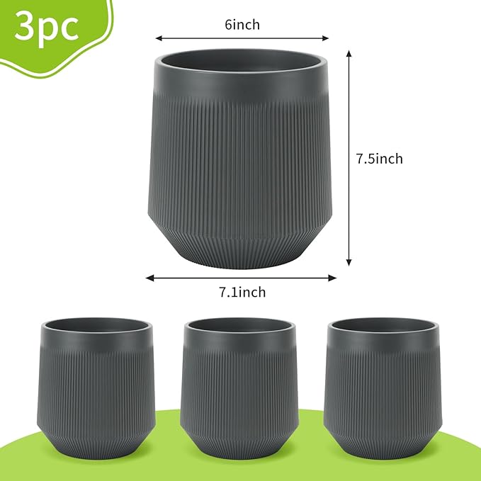 Plant Pots，Set of 3 Plastic Pots for Indoor Plants,Flower Pots Outdoor Planters with Drainage Hole and Seamless Saucer,Gray