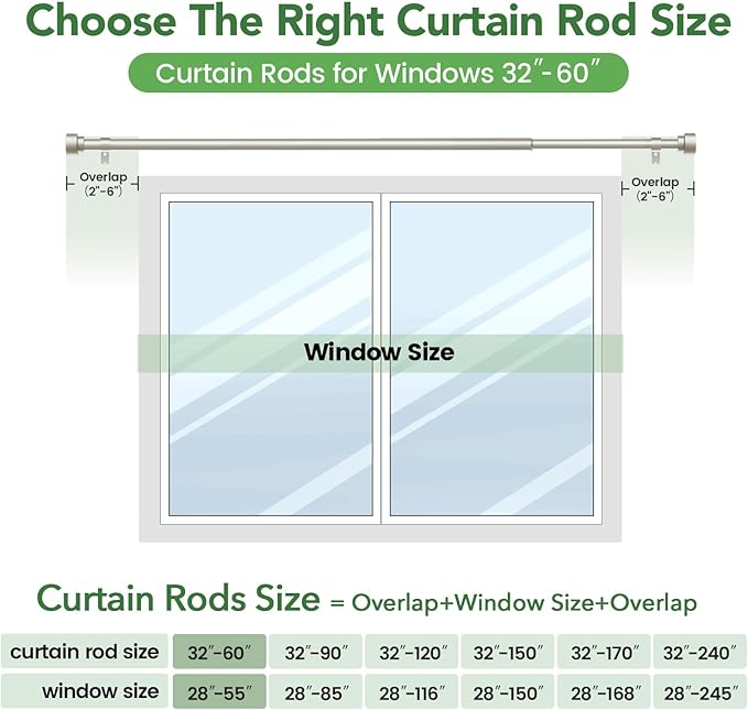 Time Forest Curtain Rods for Windows 28 to 48, 1 Inch Adjustable Heavy Duty Curtain Rod with Simple End Caps, Outdoor Window Drapery Rods for Patio, Size 32"-60", Brushed Nickel