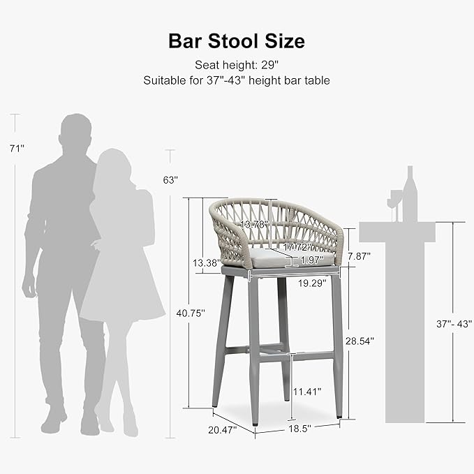 PURPLE LEAF Outdoor Rattan 29" Bar Stools Set of 2, Modern Boho Aluminum Patio Bar Height Chair with Cushion and Back for Garden Outdoor and Indoor, Light Grey
