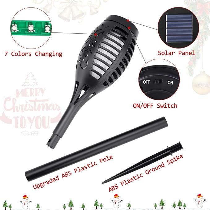 IkeeRuic Christmas Decorations Outdoor, Multicolor Solar Christmas Lights Outdoor with Flickering Flame, Solar Torch Light for Xmas Decor, Solar Powered Outside Lighting Waterproof for Yard Pathway