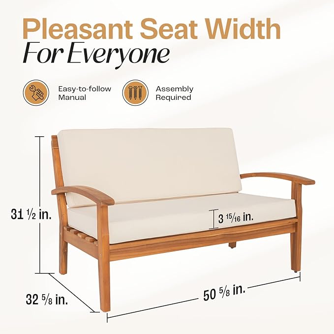IDZO Laurent 800lbs Capacity Acacia Outdoor Loveseat, FSC Certified 2 Seater Patio Sofa with 3.9in Thick Cushions, Teak Finish Porch Couch for Garden Backyard