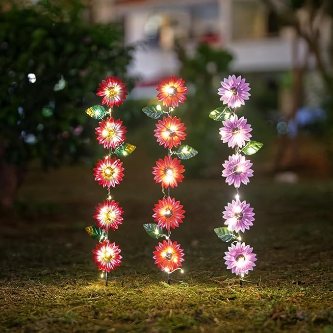 Set of 3 Solar Garden Lights,22.6'' H Flowers Decorative Garden Stakes,Waterproof Metal Spring Yard Art Decor,Solar Stake Lights for Outside,Lawn,Yard,Patio