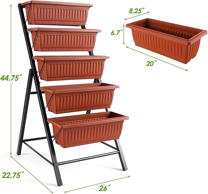 SEJOV 2 Pack Vertical Raised Garden Bed, 5 Tiers Elevated Planter Box for Herbs Vegetables Flowers, Graden Vertical Planter w/Drainage System for Patio Balcony Garden Outdoor Indoor Plants, Dark Red