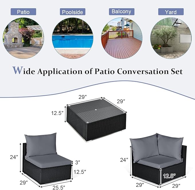 Tangkula 7-Piece Patio Furniture Set, Outdoor Sectional Sofa with Pillows and Cushions, Wicker Conversation Set with Coffee Table and Tea Table for Garden, Lawn (Grey)