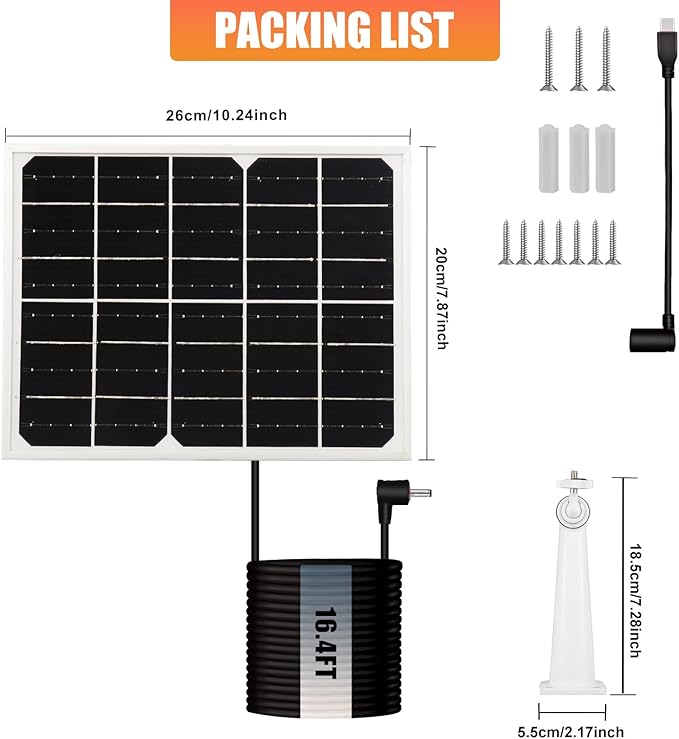 Solar Panel for Security Camera 2 in 1 Port 10W Ring Camera Solar Charger Compatible with Ring Spotlight & Stick Up Outdoor Cam Battery, IP65 Waterproof &16.4ft Long Cable with USB-C/DC Ports