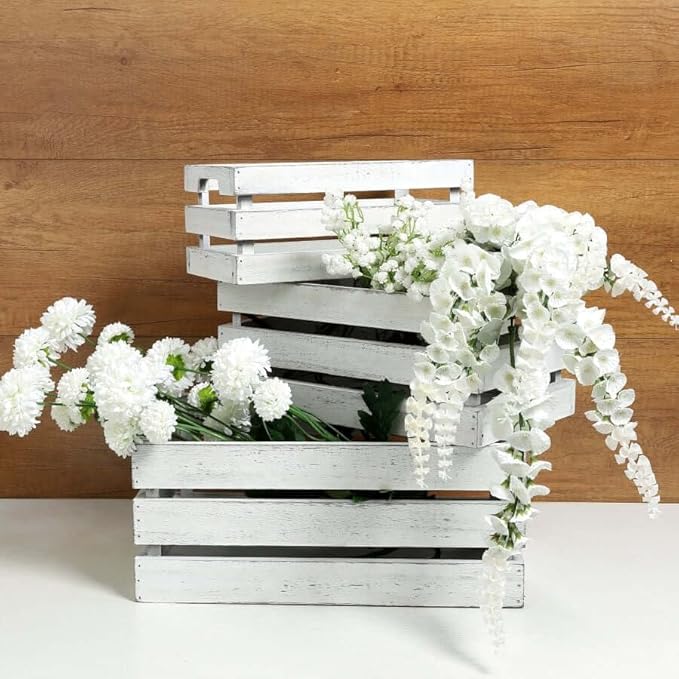 Efavormart Set of 3 Whitewash Wood Planter Crate Boxes with Plastic Liners, DIY Rustic Square Wooden Nesting Boxes for Farmhouse Table Centerpieces and Wedding Decor