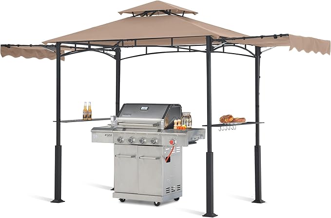ABCCANOPY Grill Gazebo with 2 Side Awnings - 14x5 Outdoor BBQ Canopy Shelter with 2 Led Lights for Patio Backyard Grilling (Khaki)