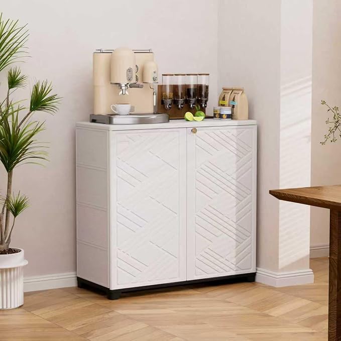 ADDOK Indoor Outdoor Plastic Storage Cabinet 34"x15"x34", Outdoor Storage Shed for Living Room, Hallway, Balcony, Garage, Garden, Backyard-White（W/O Shelf）