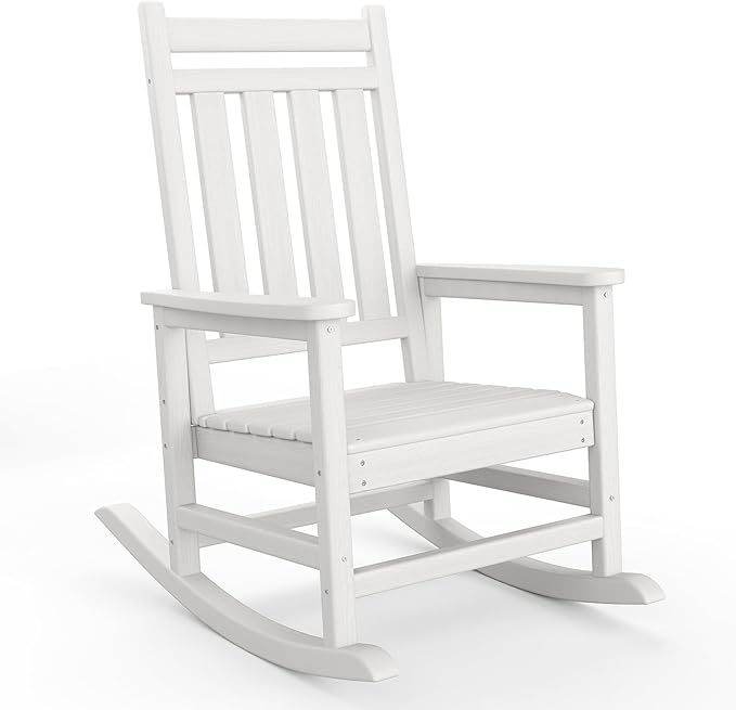 HDPE Rocking Chair Outdoor- Poly High Back Porch Rocker Chairs for Adults - All Weather Resistant Furniture for Patio Front Porch - White
