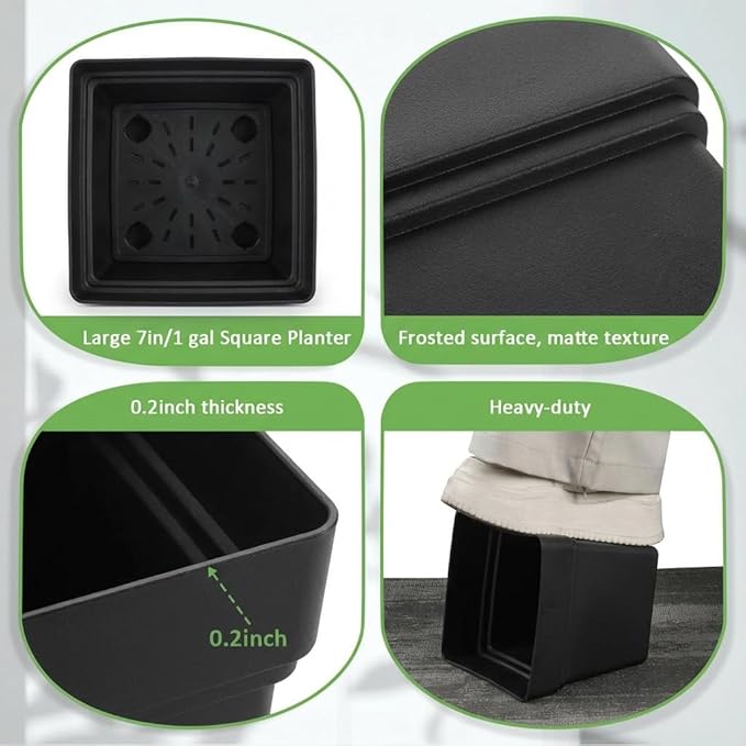 6-Pack 7'' Square Planters with Built-in Drainage Tray – Heavy-Duty Black Plastic Planter with Drainage Hole and Bottom Stopper, BPA-Free Plant Pots Matte Finish for Indoor Outdoor