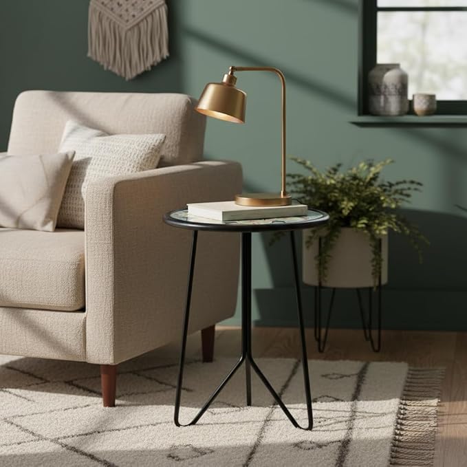 LIFFY Patio Side Table, 12" Outdoor Metal Side Table with Glass Top, Indoor Round Accent End Table for Living Room or Bedroom, Small Decorative Plant Stand Table for Garden Yard Balcony